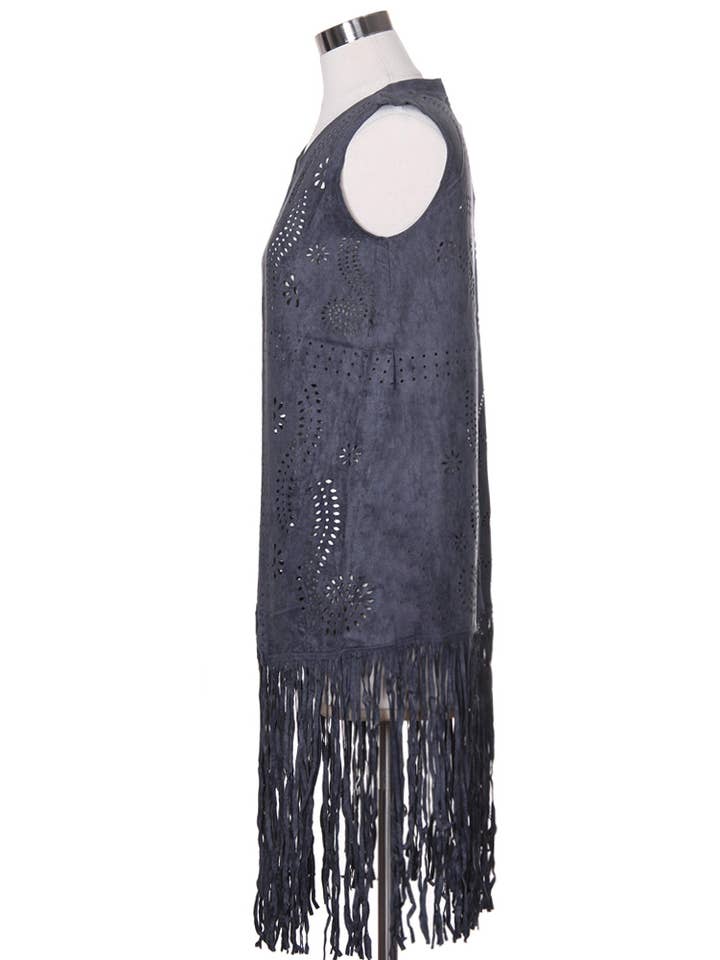 Hana - Venta al por mayor Chaleco de abrigo - Mujer - Chaleco de gamuza cortado con láser con estampado de hojas geométricas9