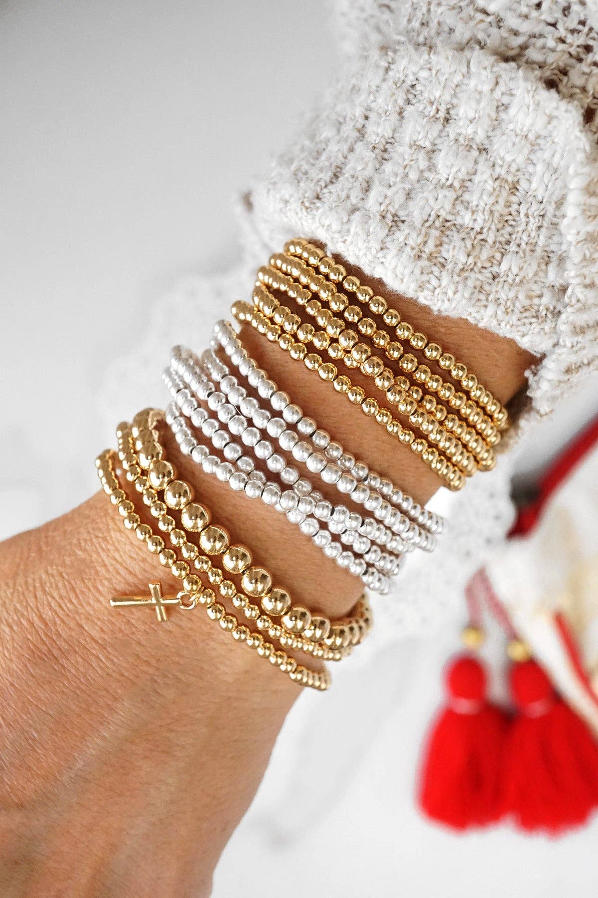 PennyLine inc - Wholesale Beaded Bracelet - Minimal Cross charm Stretchy Bracelet Set in Gold tone with Ball Beads1