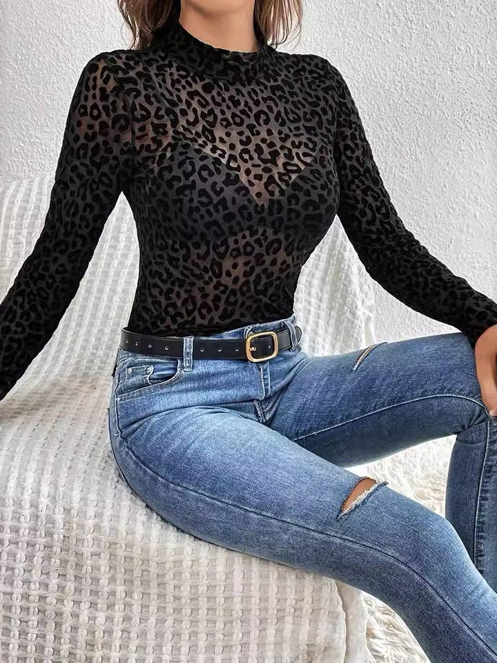 Black Leopard Print Sexy Mesh Top DPT2622 for wholesale on Faire6
