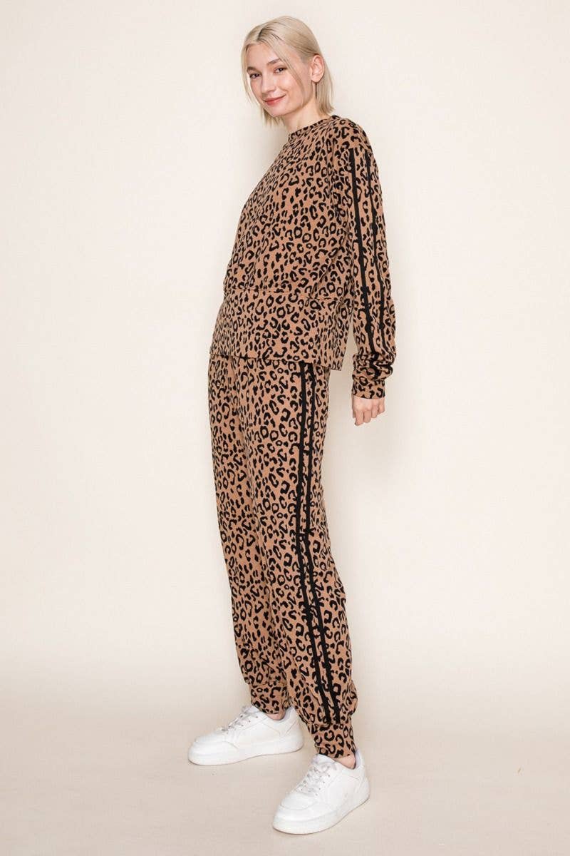 Taupe P80291 High Waisted Leopard Print Knit Joggers for wholesale on Faire1