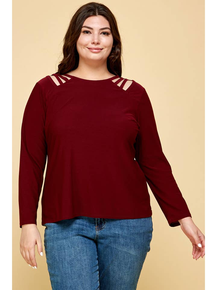 Winslow Collection - Wholesale Knit Top - Women's - PLUS SIZE LONG SLEEVE BLACK CAGE SHOULDER TOP1
