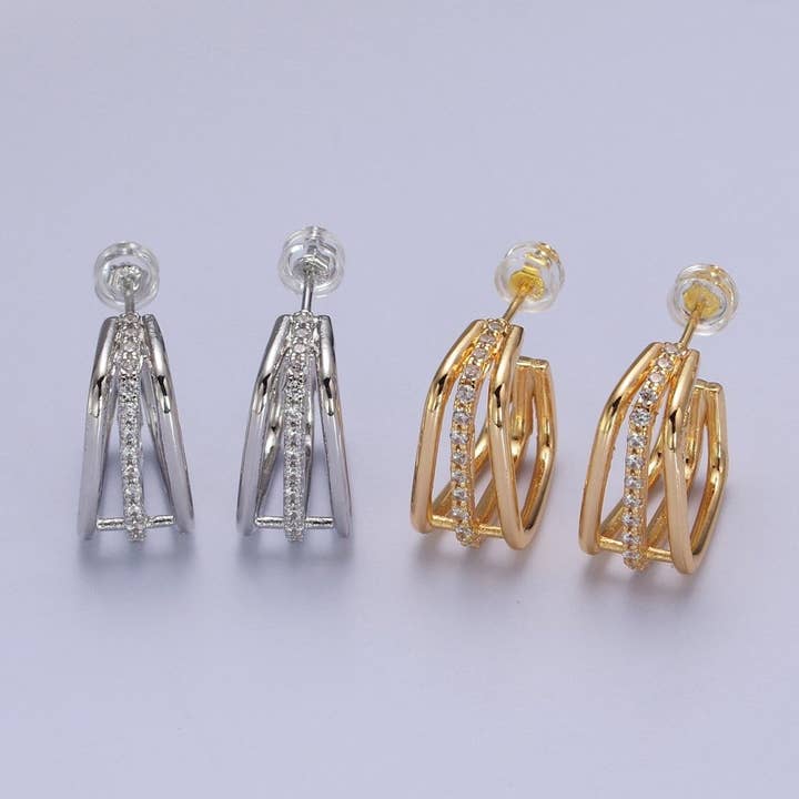 Triple Micro Pave CZ Bar Geometric Square J-Shaped Hoop Earrings In Gold & Silver | AB053 AB054 for wholesale by Aim Eternal