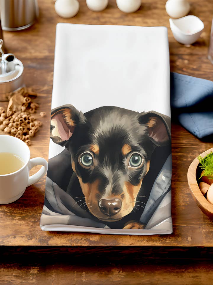 Boris - Cute Puppy In Blanket - Dog Tea Towel for wholesale by Homemade Hollydays Wholesale