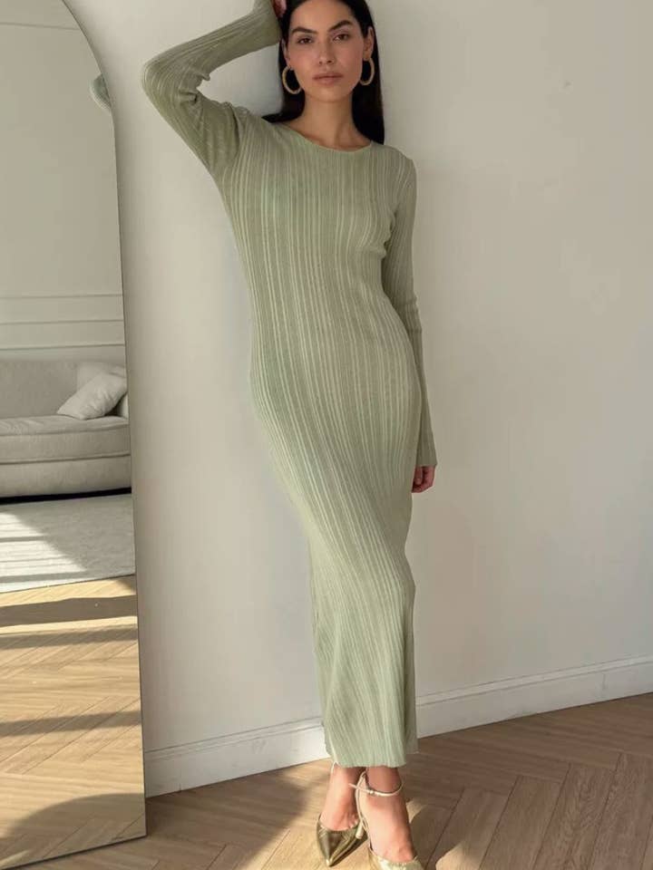 NINEXIS - Wholesale Dress - Women's - CWDMD3795_CREW NECK LONG SLEEVE SWEATER DRESS LONG STYLE