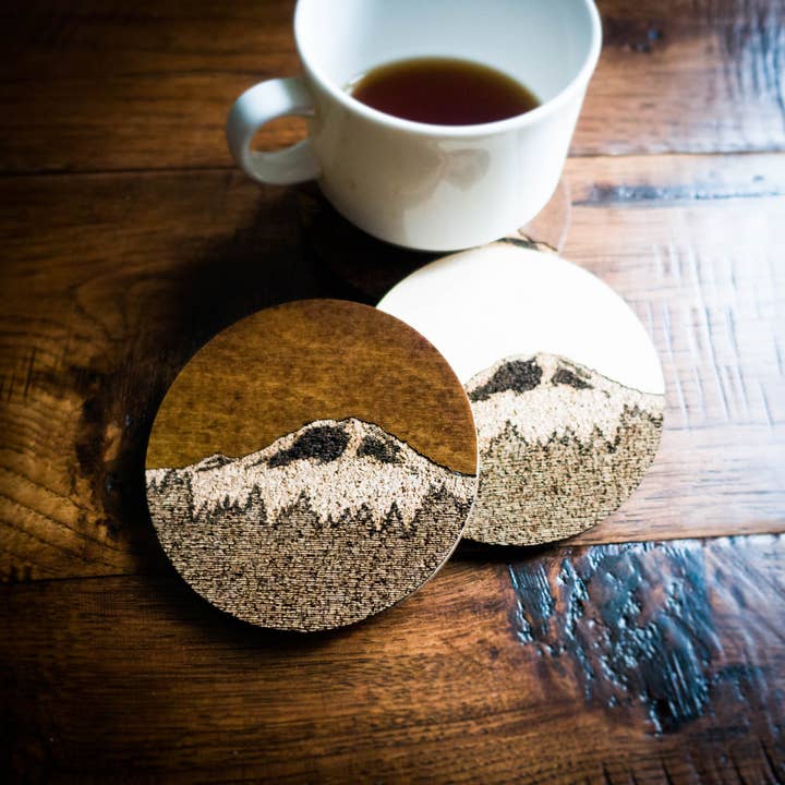 Mt Rainier Wood and Cork Coasters for wholesale by Path and Oak