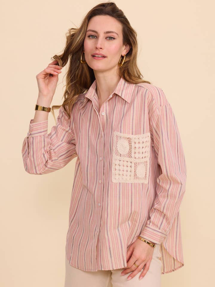 KY CREATION PARIS - Wholesale Button Down Shirt - Women's - Striped shirt with embroidered pocket7