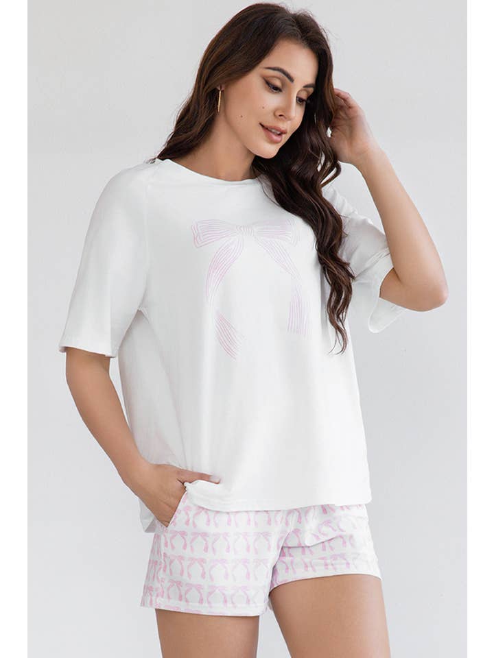 White Bow Knot Print Short Sleeve Shirt and Shorts Lounge Set for wholesale on Faire