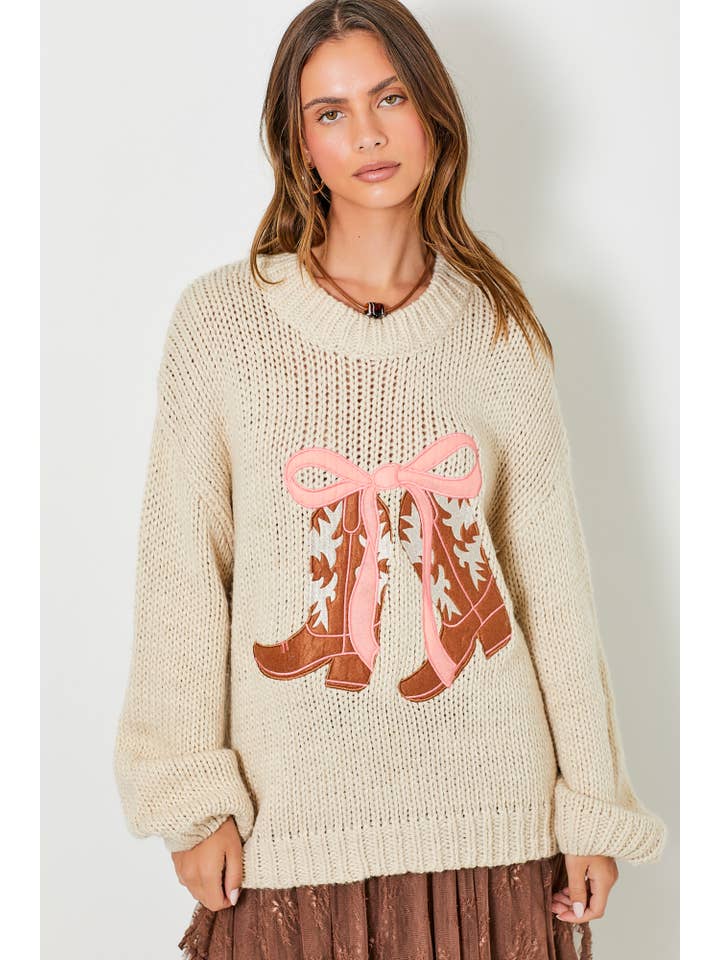 NATURAL COWBOY BOOTS WITH RIBBON KNIT SWEATER for wholesale on Faire