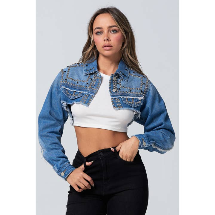 Blue Turtle - Wholesale Denim Jacket - Women's - Rock and Roll Studded Denim Crop Jacket Black5