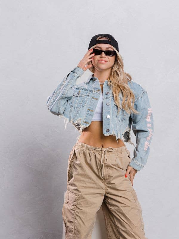 Trio Urban - Vente Veste en jean – femme - Veste courte en jean rose Smiley Face7