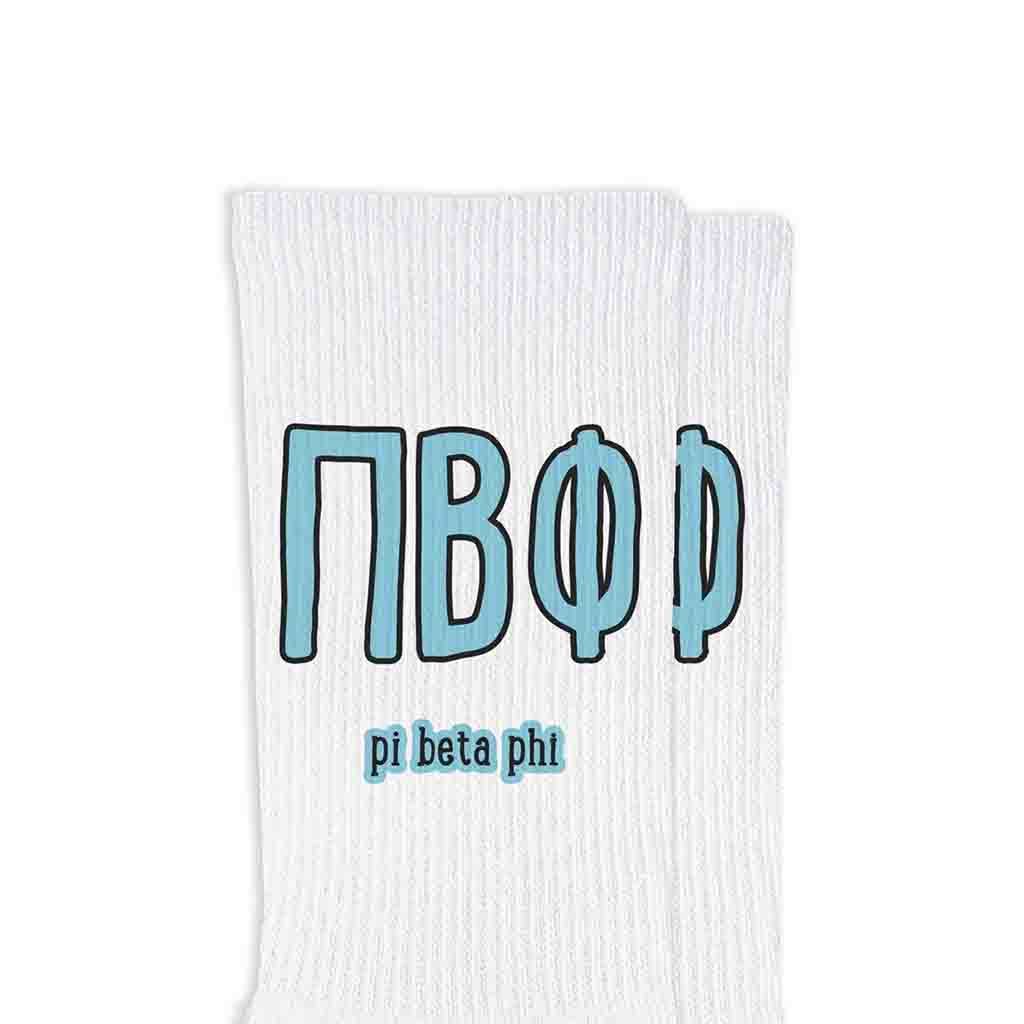 White Sorority Crew Socks with Name and Letters in Sorority Colors for wholesale on Faire17