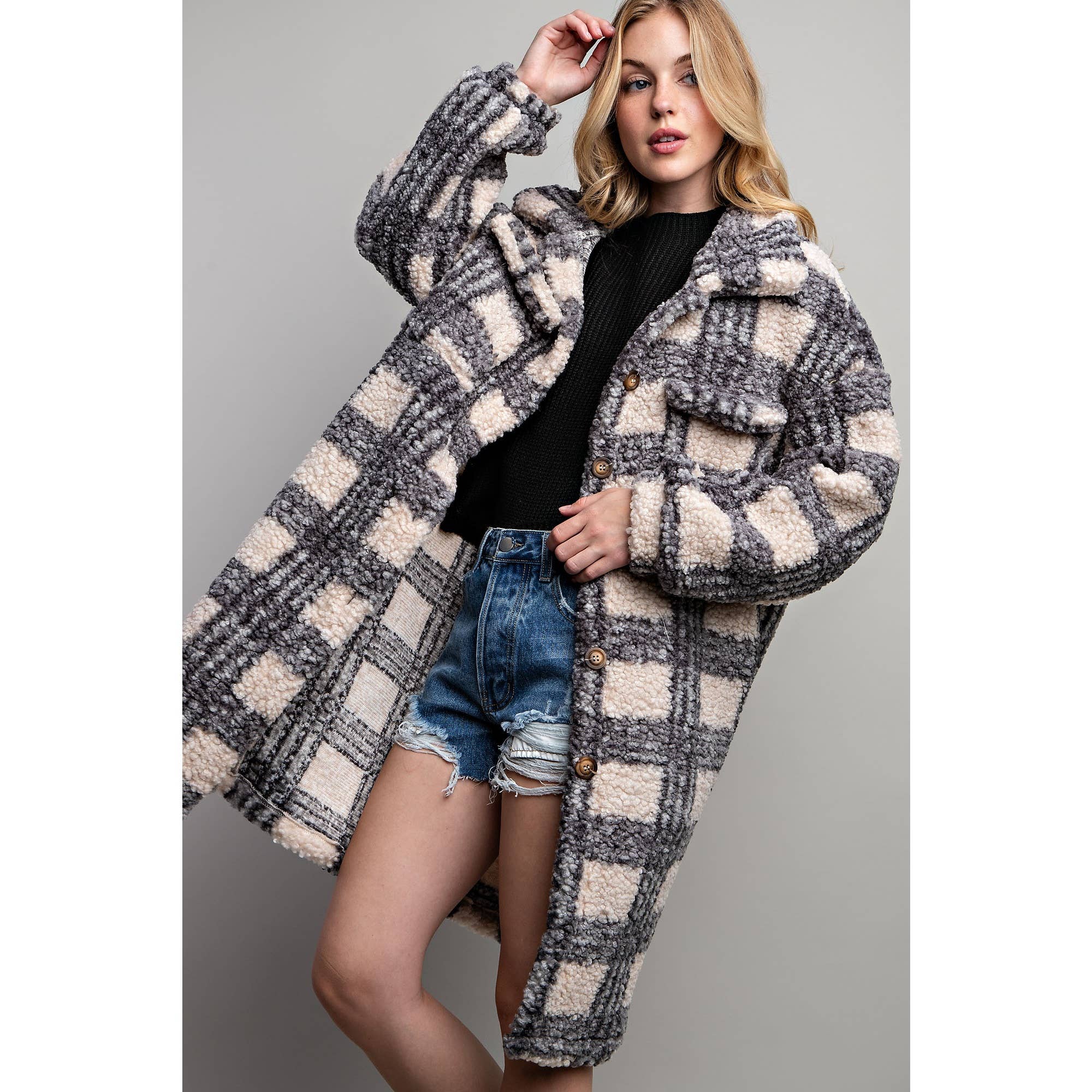 Sweet Generis – Engroshandel Jakke - Dame – PLAID TEDDY OVERSIZE JAKKE21