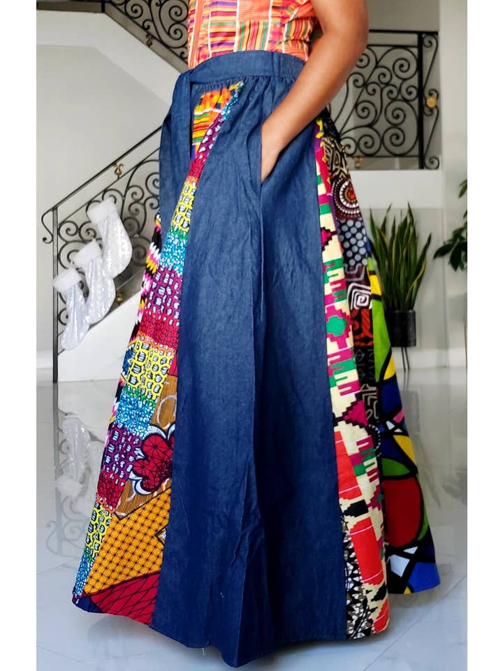 India Batik - Wholesale Pants - Women's - 702- Women Palazzo Pant - Denim/Multi Prints2