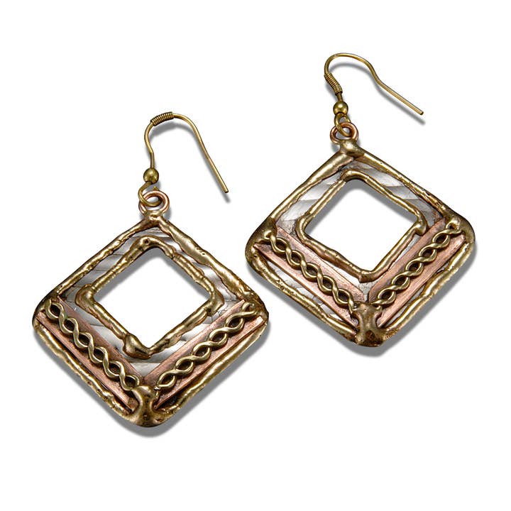 Mixed Metal Earrings - Open Square with Chain for wholesale by Anju Jewelry