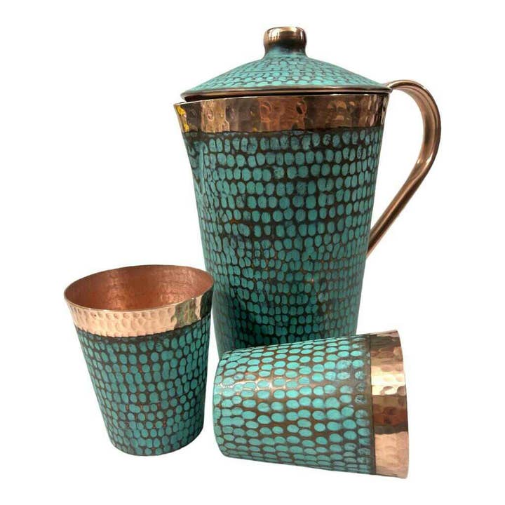 Ambiente Home Décor - Wholesale Pitcher - Set of 1 Hammered & Turquoise Copper Pitcher and 2 Tumblers7