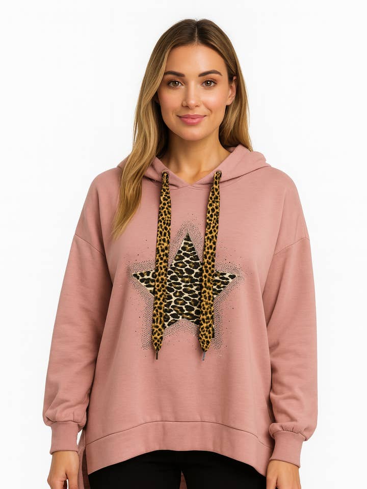 Italian Dipped Hem Hoodie with Leopard Print Star for wholesale by Miss Bold