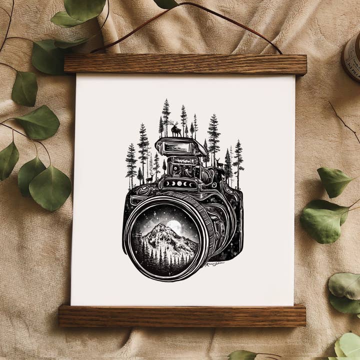 Forested Camera + Mountain Lens II Art Print for wholesale by Kaari & Co.