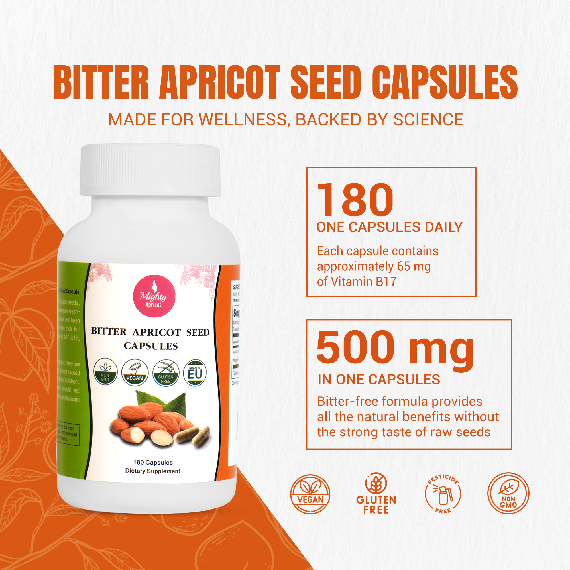 Mighty Apricot – Suplemento/vitamina oral por atacado – Mighty Apricot Cápsula de Semente de Damasco Amargo 500mg4