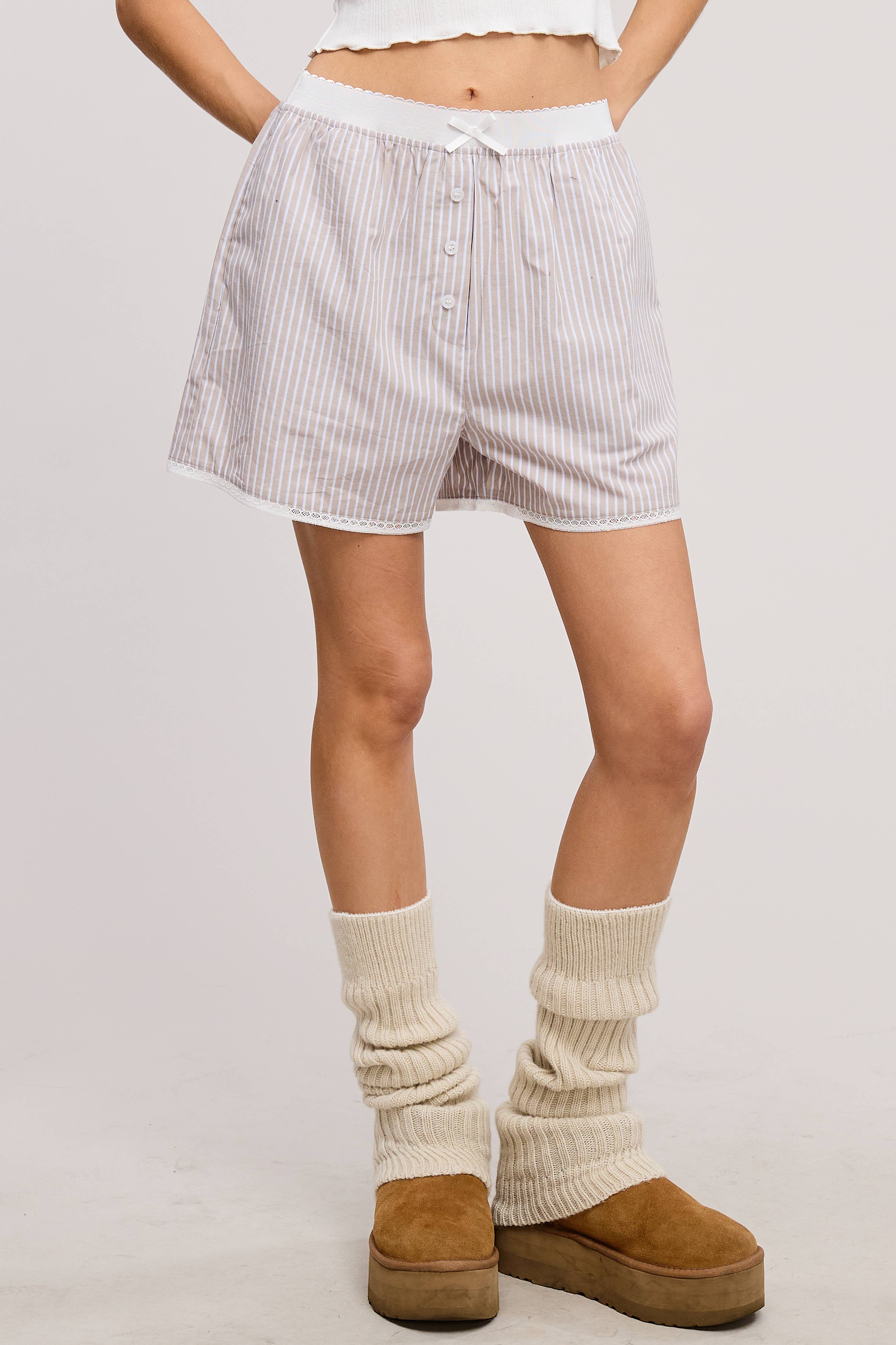 Mimosa - Wholesale Shorts - Women's - Scalloped Lace Hem Striped Boxer Style Shorts9