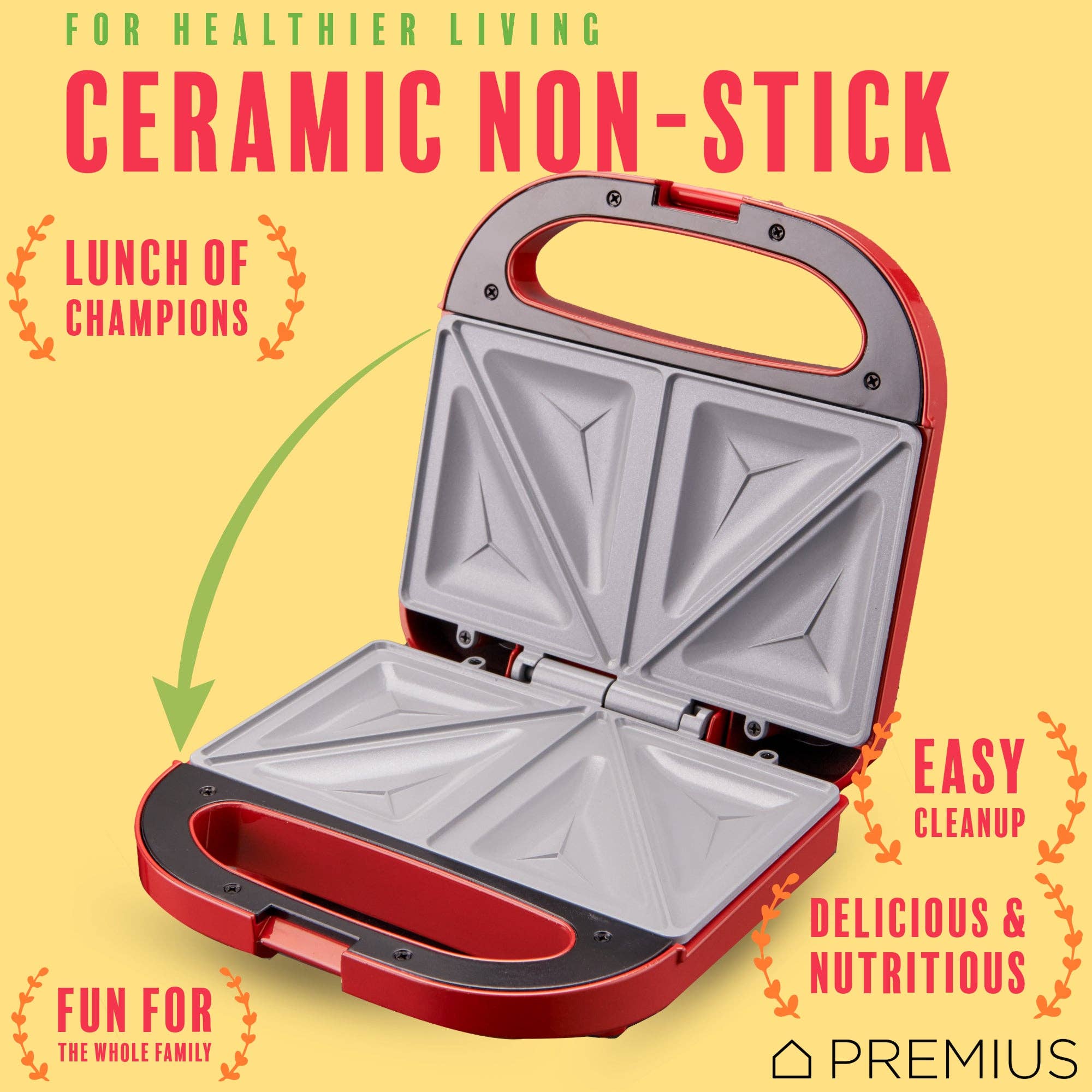 ShopBobbys - Wholesale Kitchen Appliance - PREMIUS Ceramic Non-Stick Double Slice Sandwich Maker, 8.25x4.75 Inch Mold2