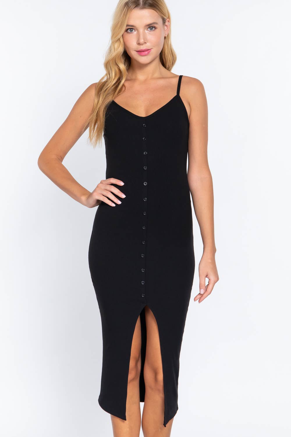 Active Basic | Active USA - Wholesale Jurk - Dames - Cami midi-jurk met knoopsluiting en rib0