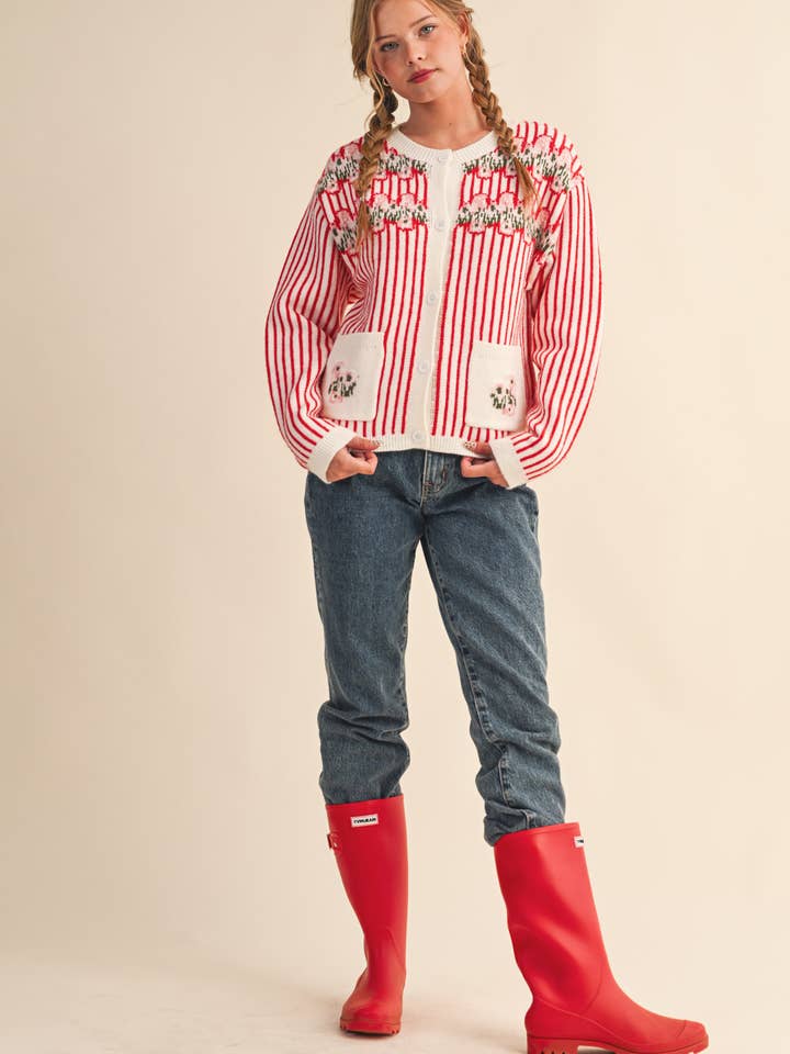 &MERCI - Wholesale Cardigan - Women's - STRIPED FLORAL SWEATER CARDIGAN MSW1105823