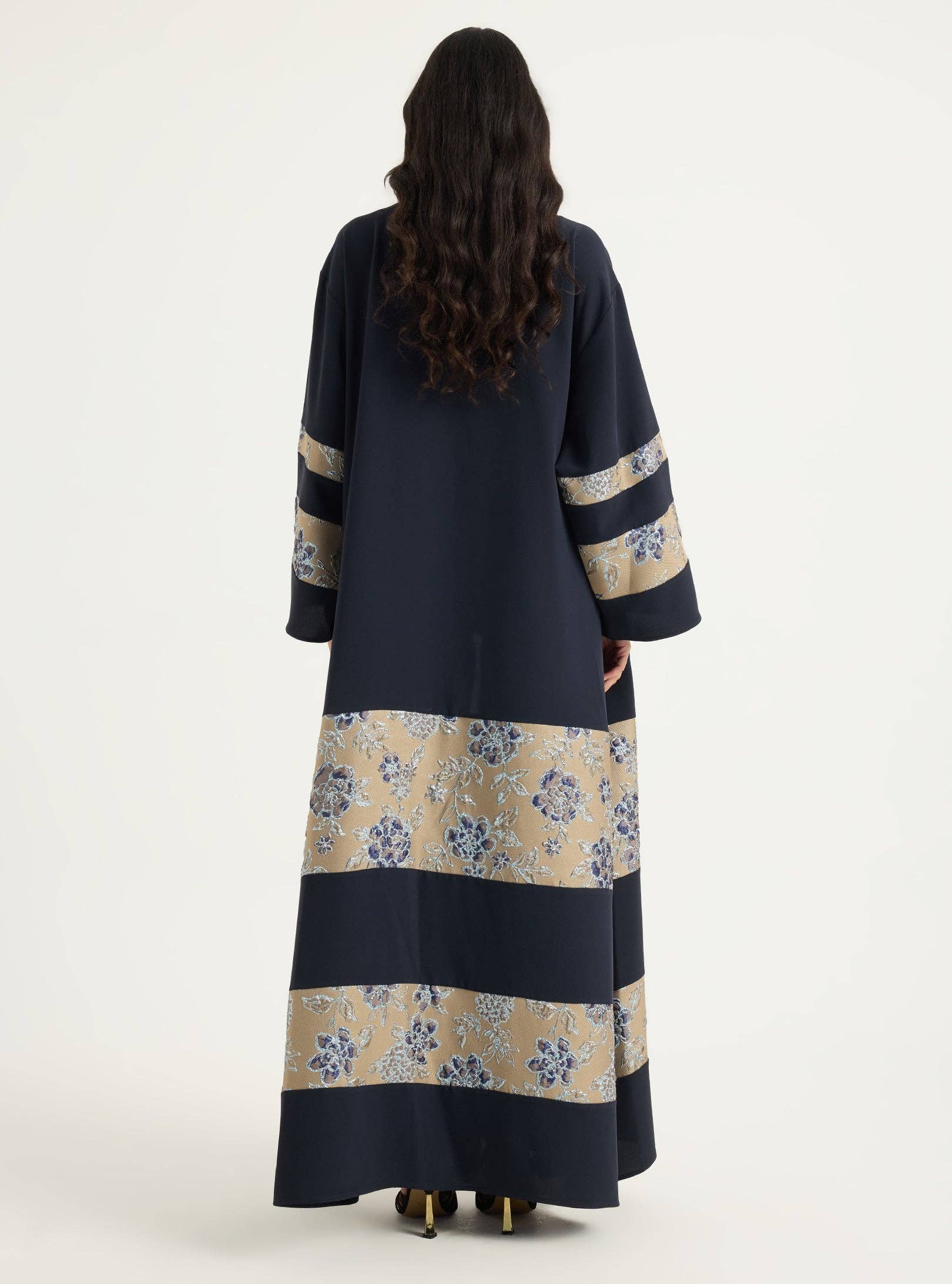 Store WF – wholesale Kaftan – Women's – Navy Flower Detailed Jacquard Abaya3