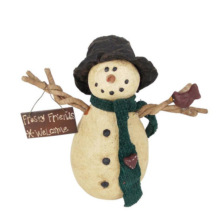 Pupazzo di neve in cartapesta con braccia a ramoscello e cartello «Frosty Friends Welcome», cappello in tessuto e sciarpa in tessuto verde, altezza 24,1 cm per la vendita all'ingrosso da parte di Birch Maison