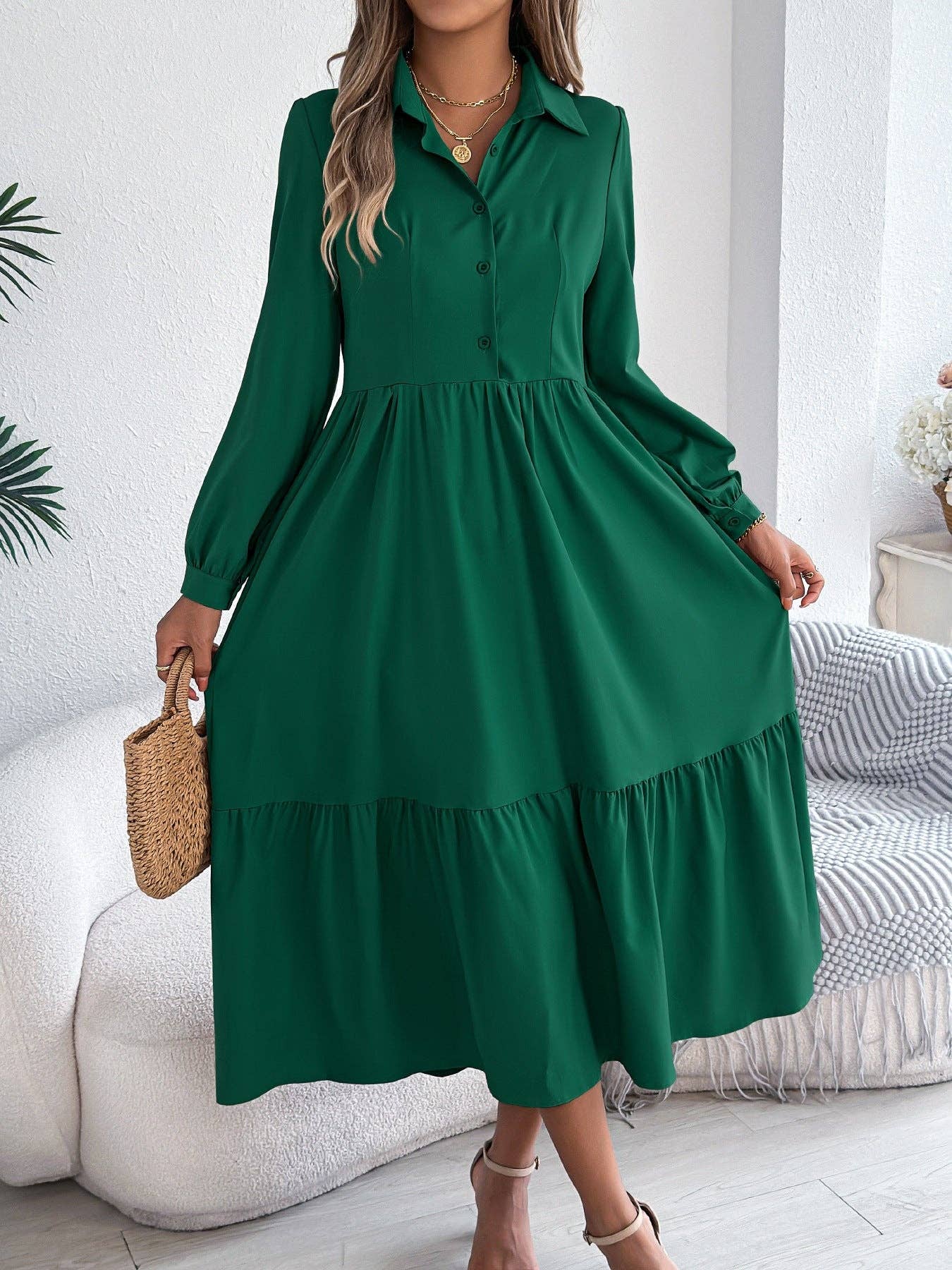 safistyle - Wholesale Dress - Women's - Lapel Long Sleeve Loose Shirt Dress with Ruffles2