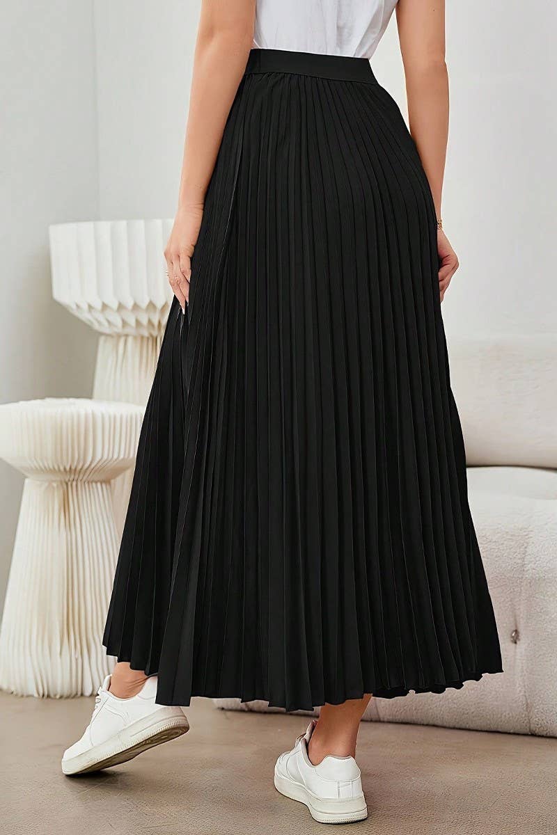 BLACK CWBLS0513_PLEATED FLARED A-LINE POLYESTER MIDI SKIRT for wholesale on Faire2