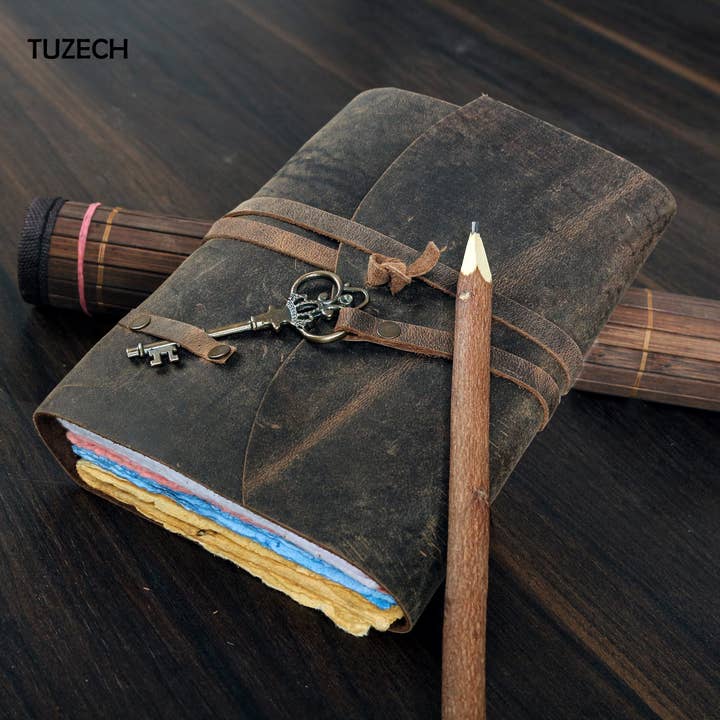 Tuzech Leather - Wholesale Journal/Diary - Tuzech Leather Journal for Women Men Gift With Deckle Edge Paper , Leather Scrapbook, Book of Shadows, Vintage Journal, Old Books, Grimoire, Antique Drawing Sketchbook Colourful Paper 7 by 5 Inches1