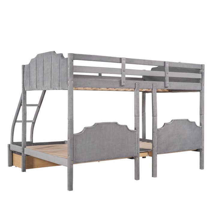 HomeRoots - Wholesale Bed - Gray Full Over Two Twins Solid Wood Bunk Bed With Drawers And Storage4