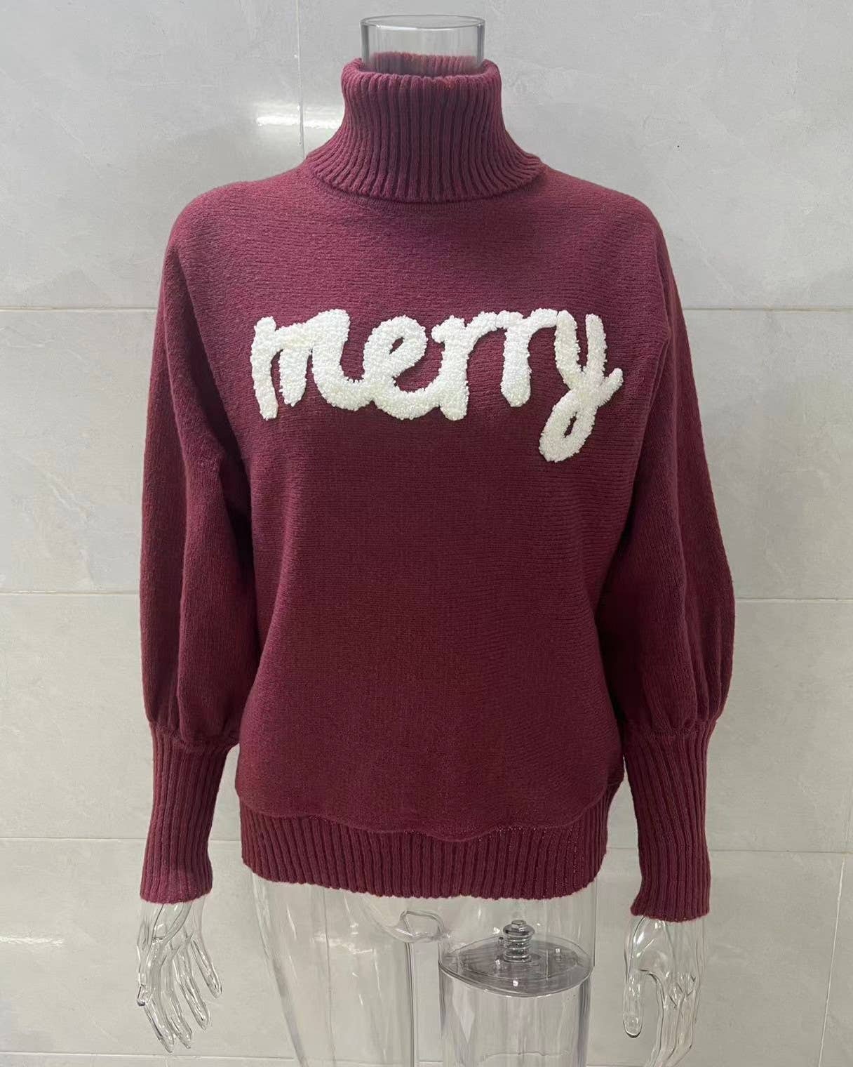 Rosa Clothing - Wholesale Knit Sweater - Women's - Slouchy Cozy Merry Christmas Turtleneck Sweater10