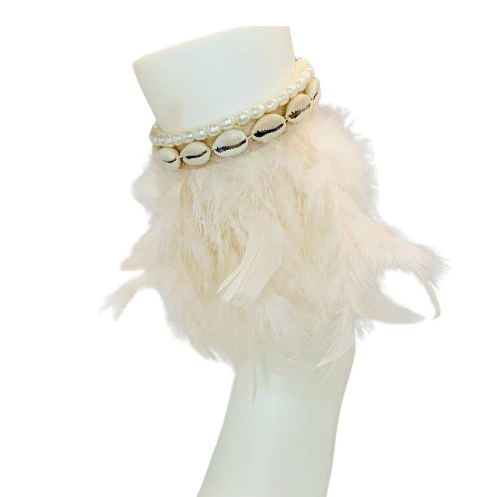 Gypsea Beach Club - Venta al por mayor Pulsera tobillera - Tobillera estilo bohemio, concha de cauri con plumas blancas1