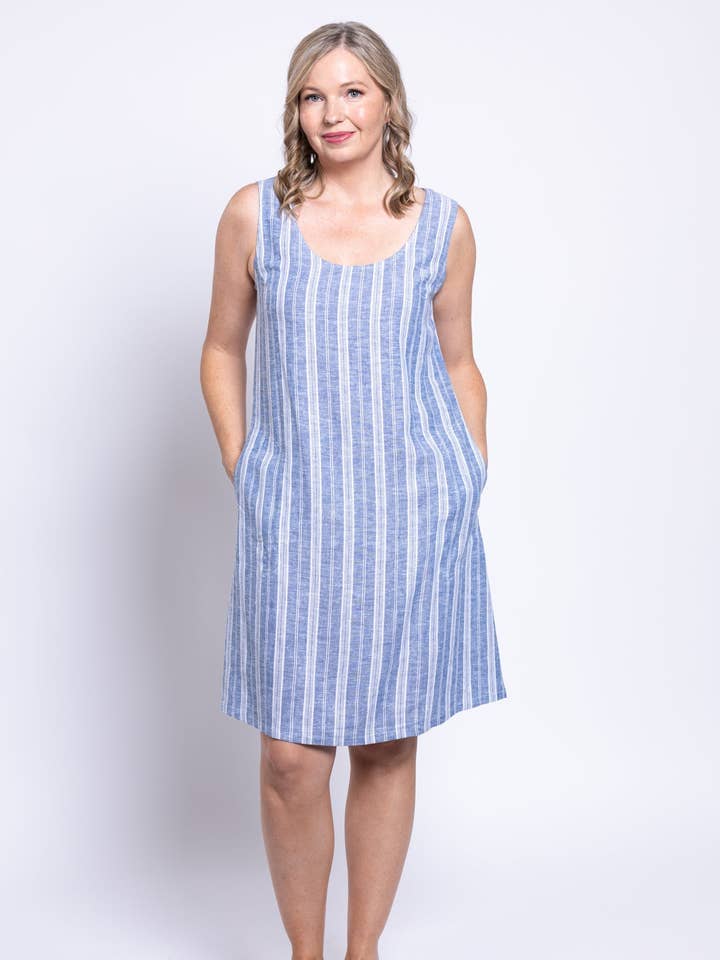 Velma Dress, Denim Stripe, Linen Viscose for wholesale by Blue Sky Clothing Co LLC