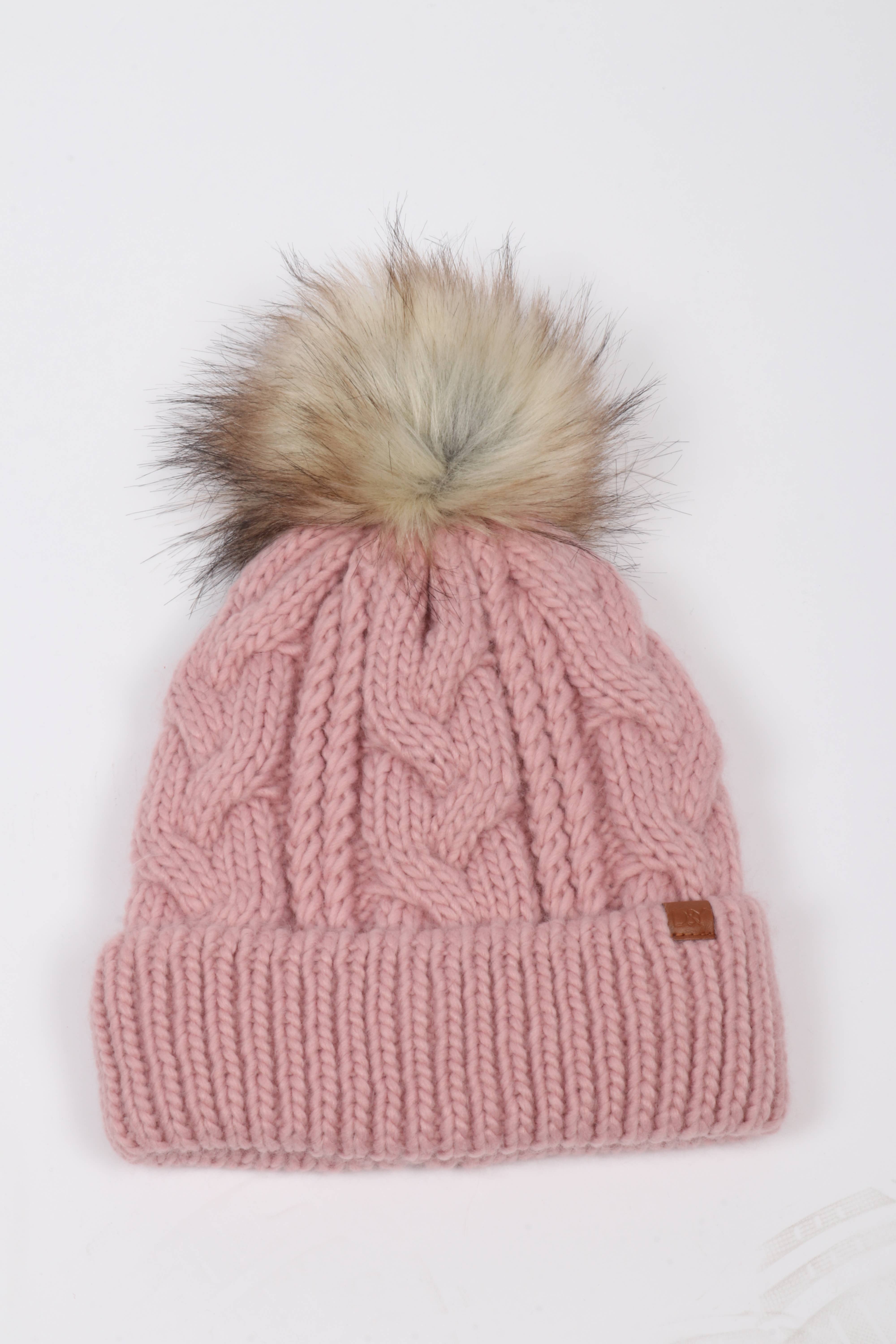 David And Young - Wholesale Beanie - Women's - Cable Knit Beanie with Faux Fur Pom Lining2
