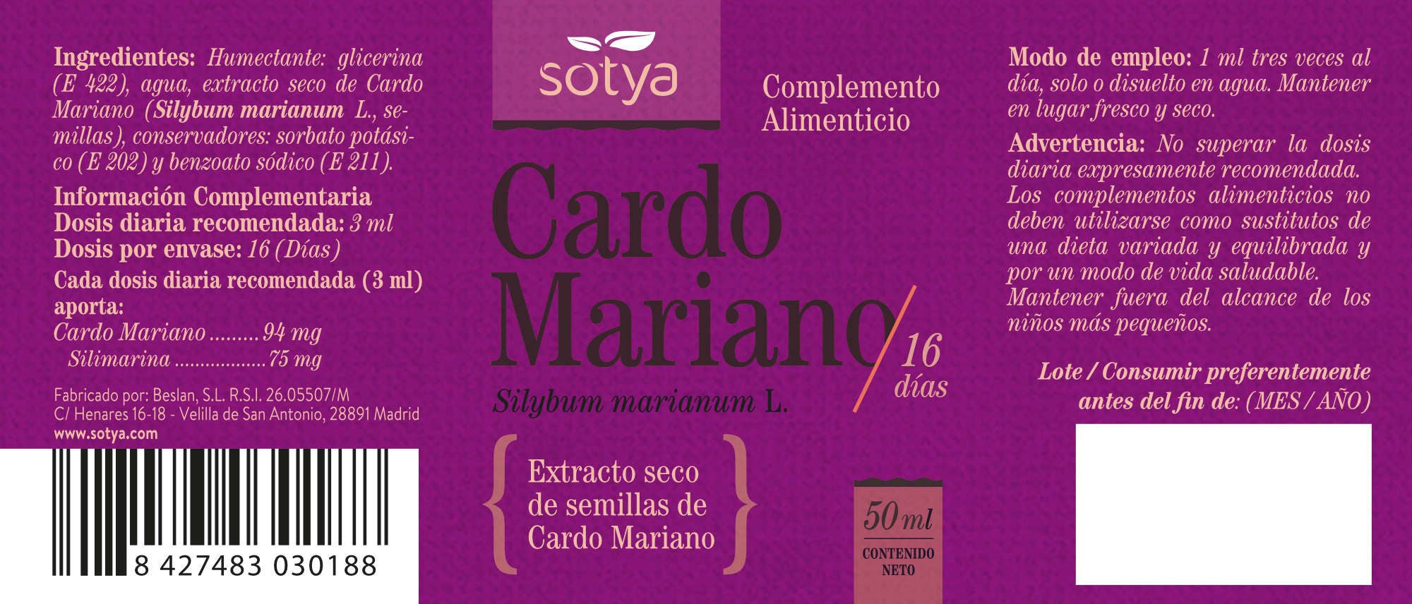 Pridahofarma - Vente Supplément oral/vitamine - SOTYA Extraits Chardon-Marie1