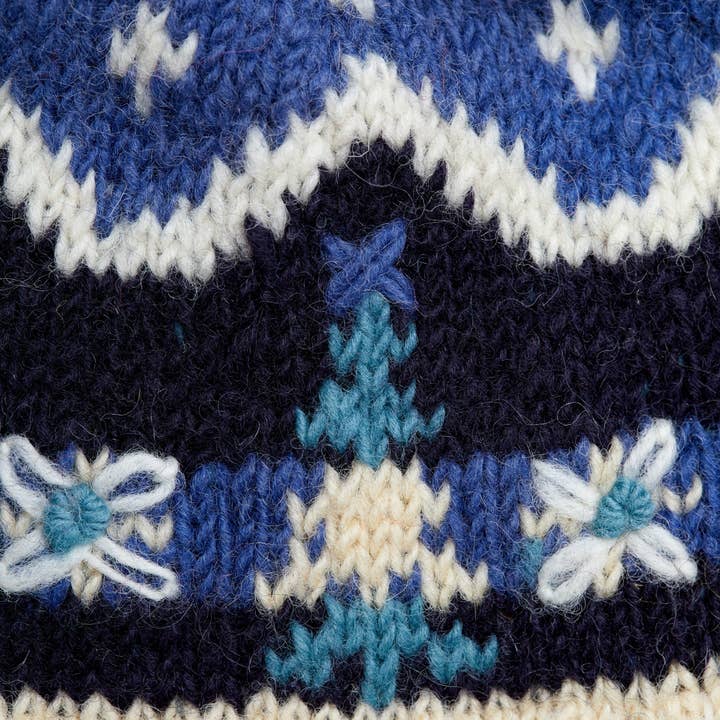 By Many Hands - Wholesale Mittens - Women's - Alpine Villa Blue Embroidered Knit Convertible Mittens
