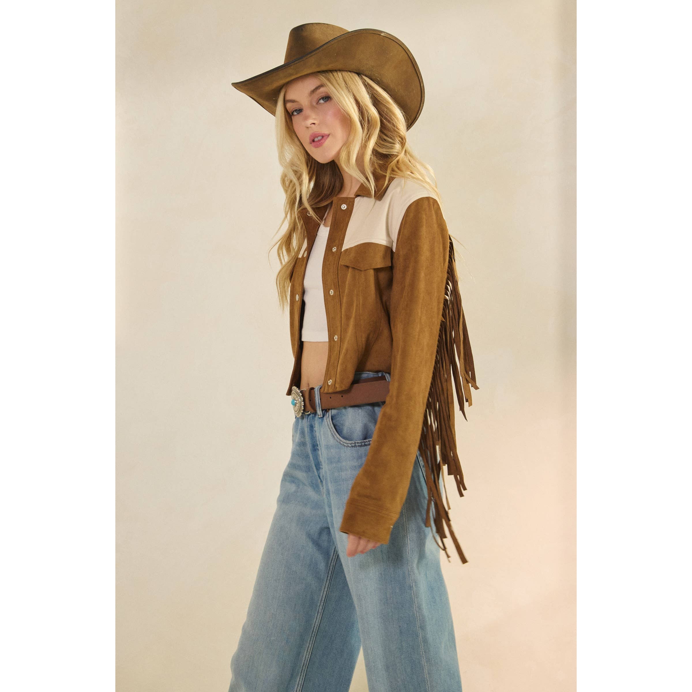 Camel Suede Jacket with Fringe Detail for wholesale on Faire10