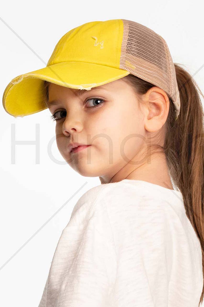 Hana - Venta al por mayor Gorras de béisbol - Niños - Gorra de poni cruzada con banda elástica de mezclilla lavada para niños de C.C26