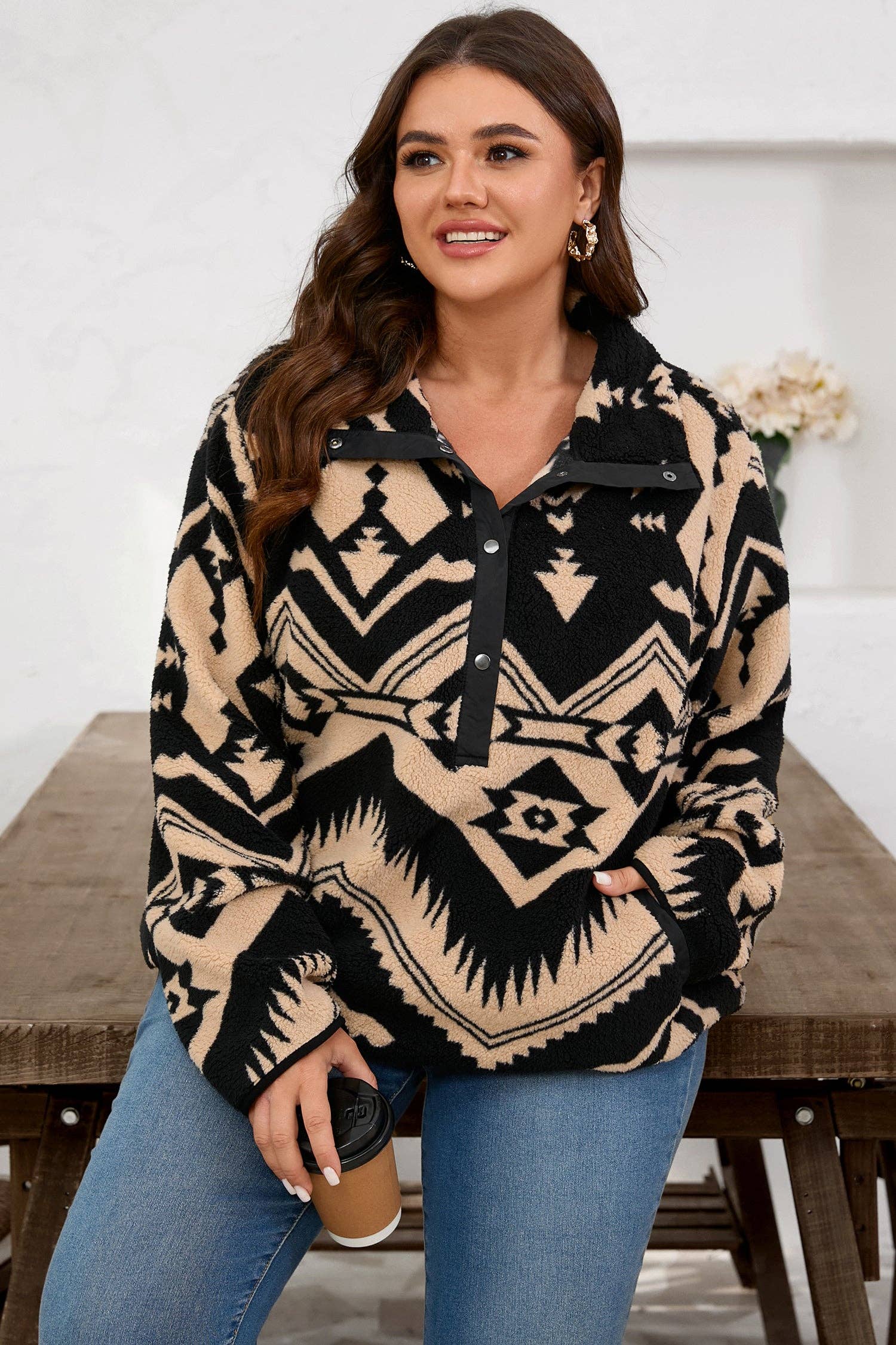 Black Plus Size Western Aztec Fleece Half Button Sweatshirt for wholesale on Faire2