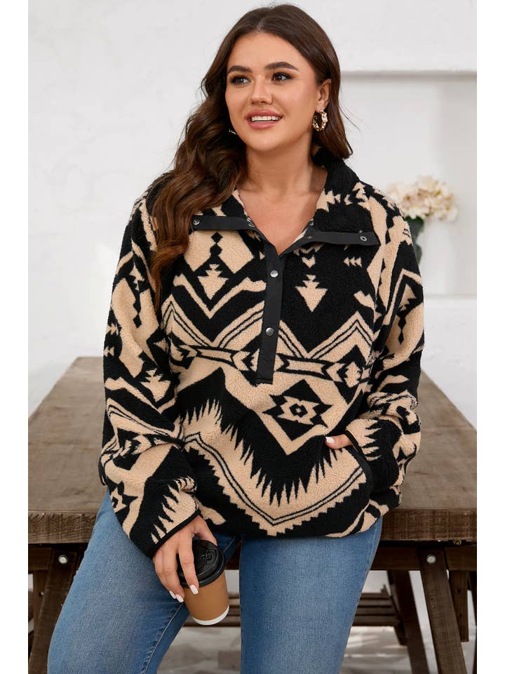 Black Plus Size Western Aztec Fleece Half Button Sweatshirt for wholesale on Faire2