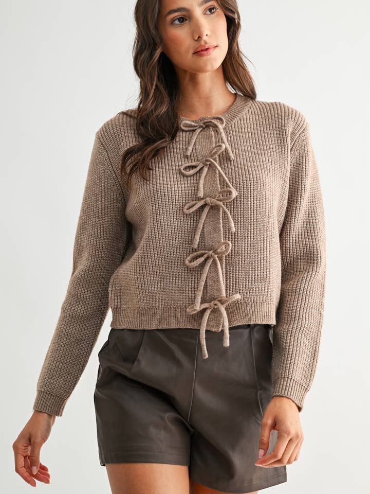 BOW TIE FRONT KNIT SWEATER - CWJ25712 for wholesale by Camellia