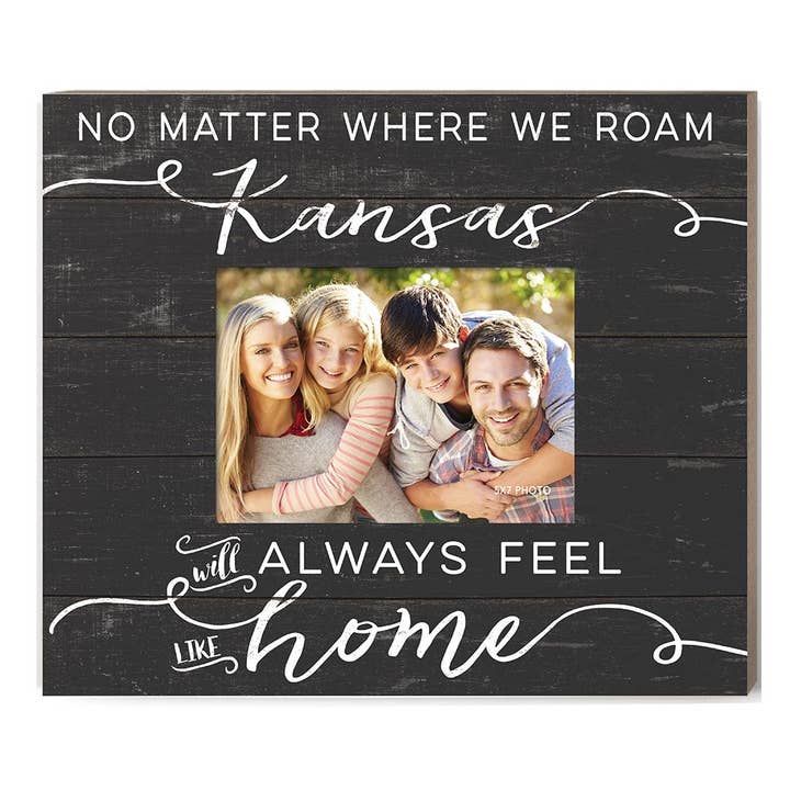 Weathered Slat Photo Frame Feels Like Home Kansas for wholesale by Kindred Hearts