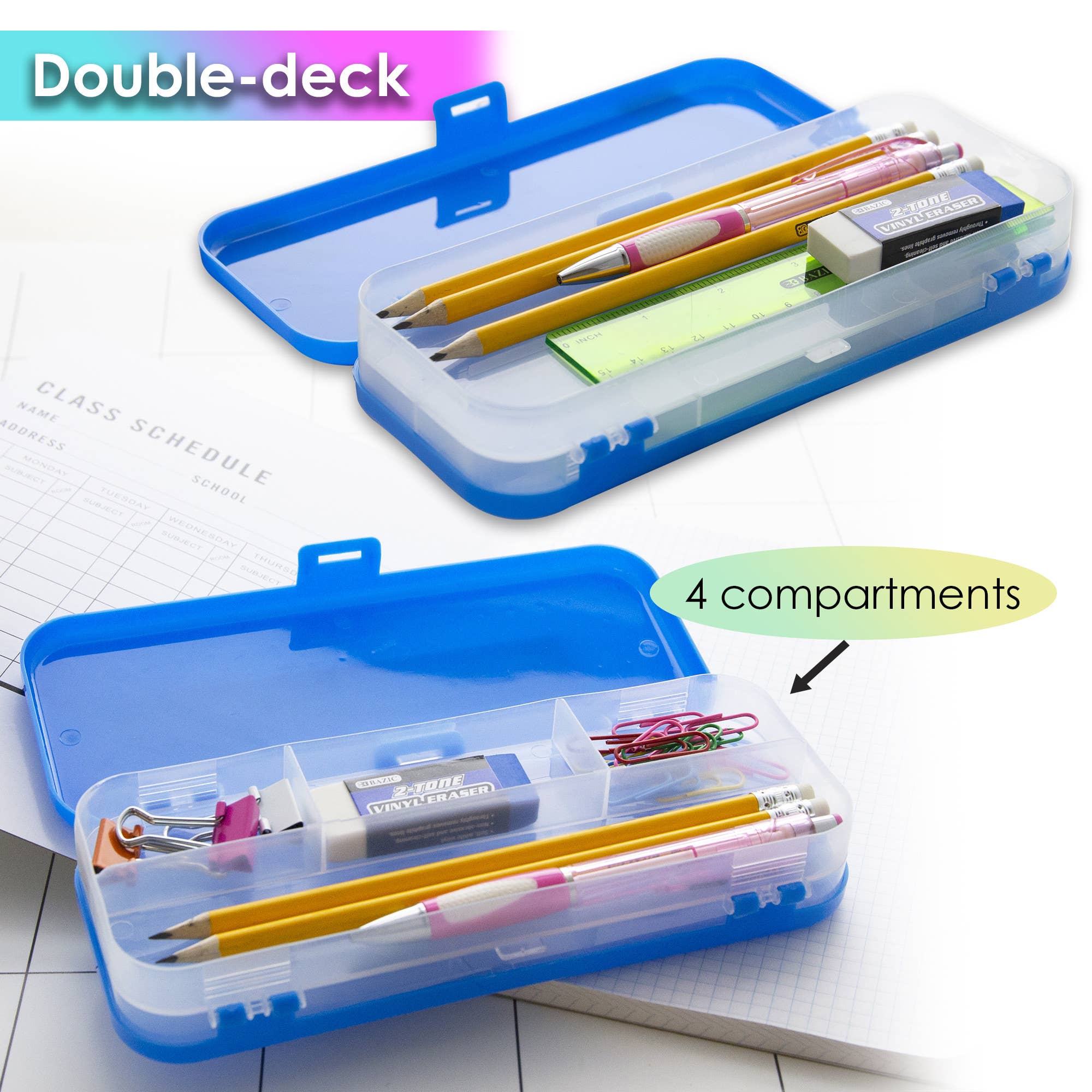 BAZIC Products - Wholesale Pencil Case/Pouch - Pencil Case 8" Bright Color Double Deck Organizer Box3