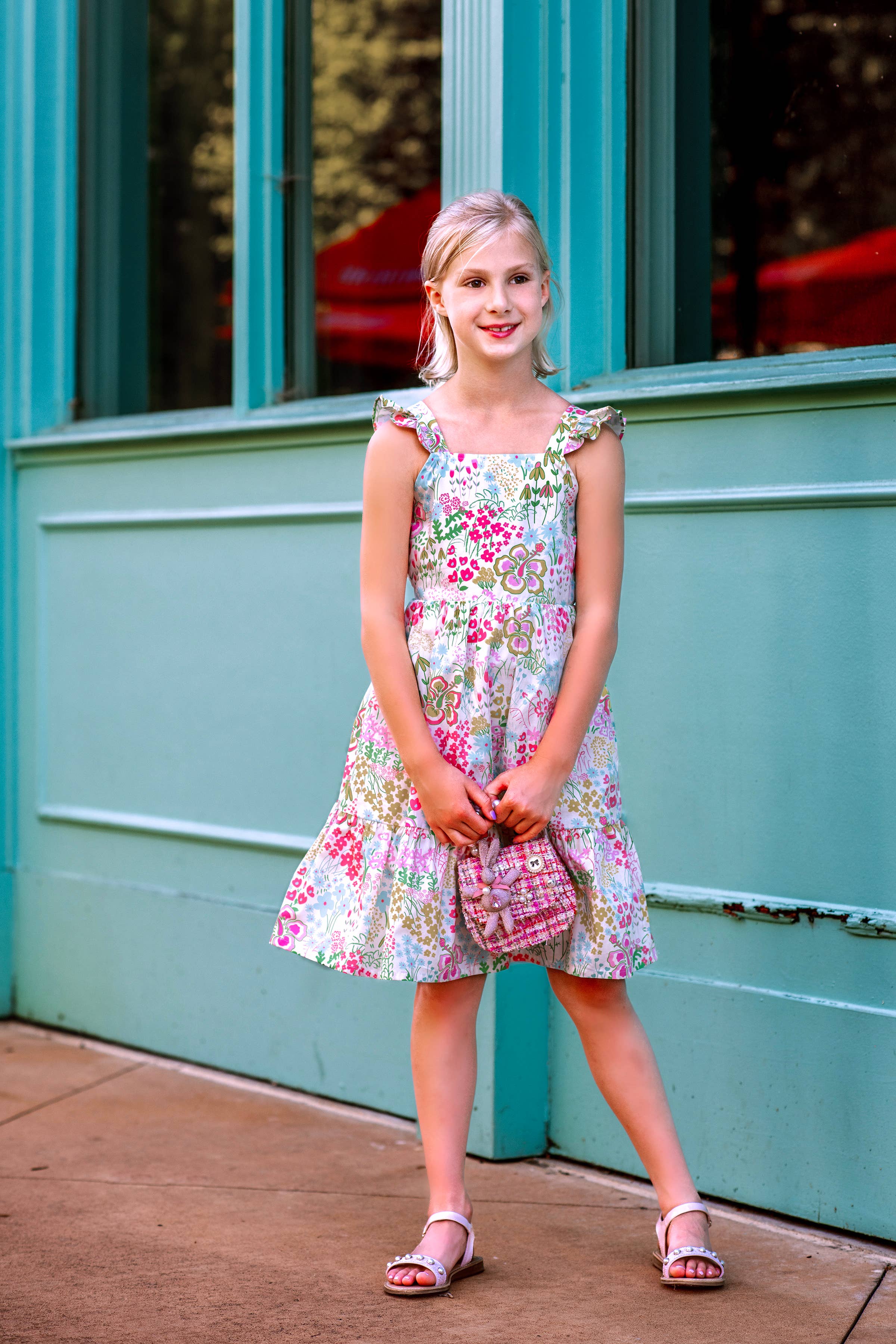 Minna - Wholesale Dress - Kids -  Flutter Sleeve Sun Dress - Magical Sunny Meadow Florals26