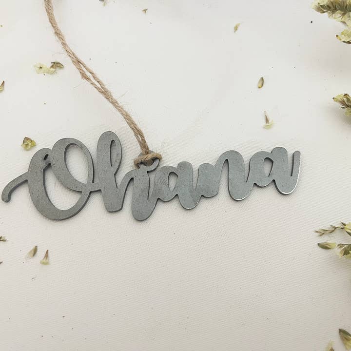 Ohana Script Metal Hawaii Ornament made from Raw Steel for wholesale by BE Creations & Designs, Inc.