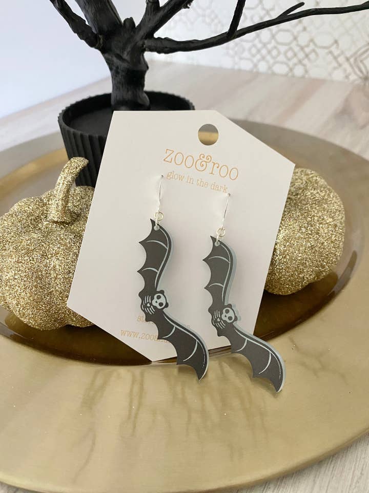 Glow in the dark bat skeleton earrings | Halloween jewelry for wholesale by zoo&roo