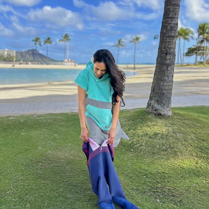 REMOVED BRAND - Wholesale Poncho - Unisex - Terry Velour Surf Poncho (Turquoise/Gray)3