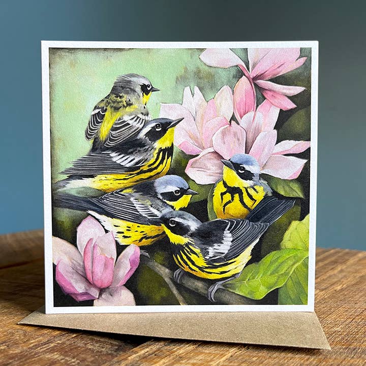 Magnolia Warblers & Saucer Magnolia - Blank Note Card for wholesale by Amy Shawley Paquette